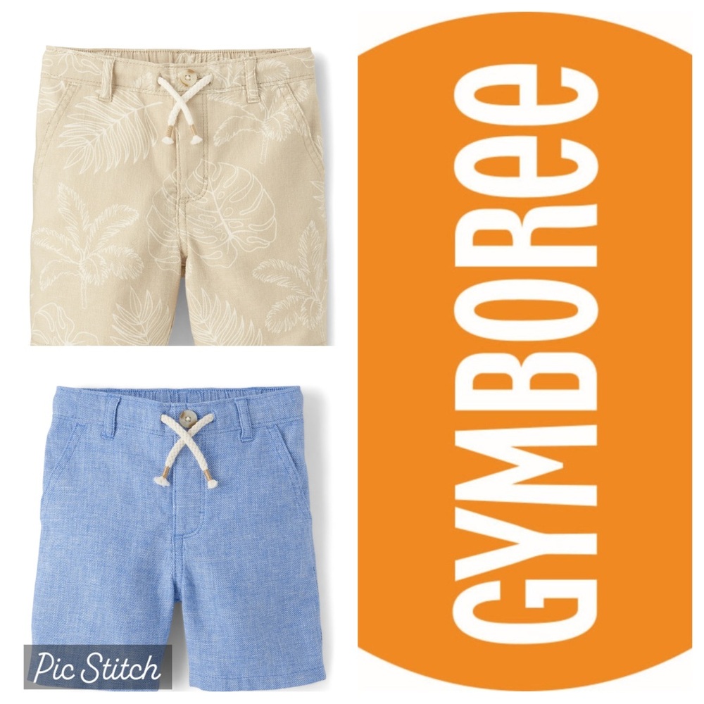 Gymboree Linen-Blend Pull On Shorts Bundle, Blue & Tropical Leaf Biscuit, 4T NWT